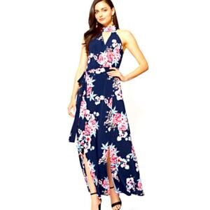 New York & Co Blue Floral Maxi Tank Dress Halter Neck Sz L Front Slits Resort
